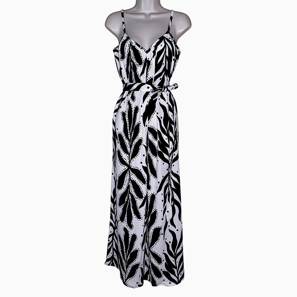 Harlow & Rose Black Cream Spaghetti Strap Wide Leg Jumpsuit with Pockets Boho S